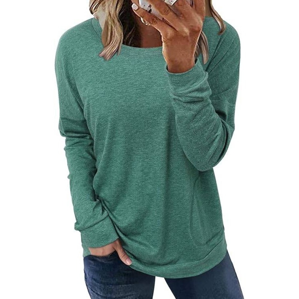 Womens Long Sleeve Tunic Top Crewneck Oversized Pullover w/ Pockets- Green/Small